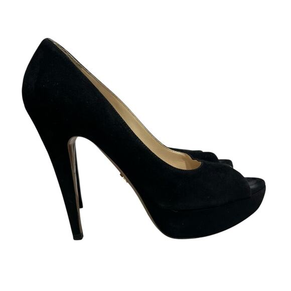 Prada Camoscio Chic Peep Toe Black Suede Platform Heels - 7.5 US / 38 - Picture 3 of 10